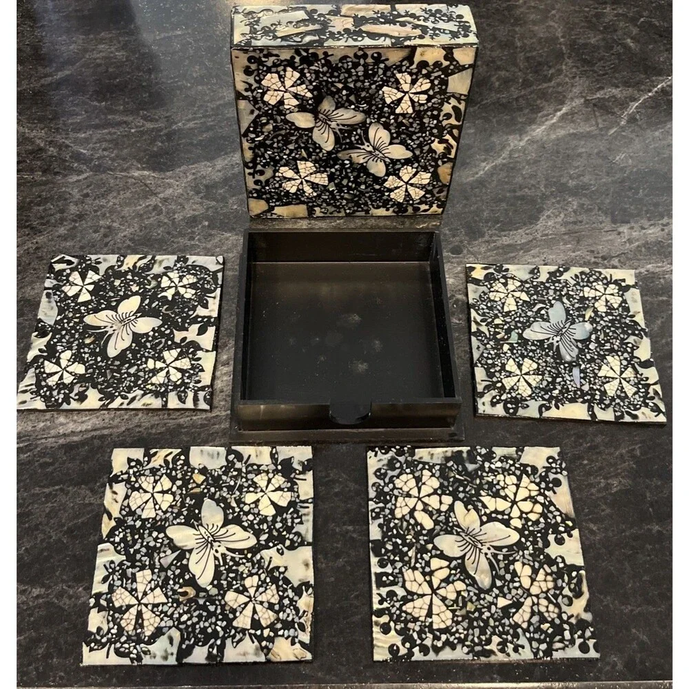 VNTG Lacquer Inlaid Mother of Pearl set of 4 Abalone Coaster Set & box - Korean
